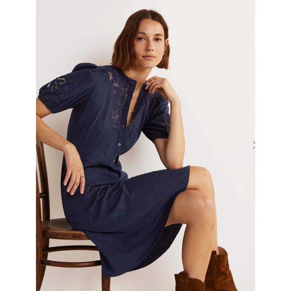 Boden Navy Embroidered Cotton Modal Jersey Shirt Midi Dress Size UK 16 = US 12